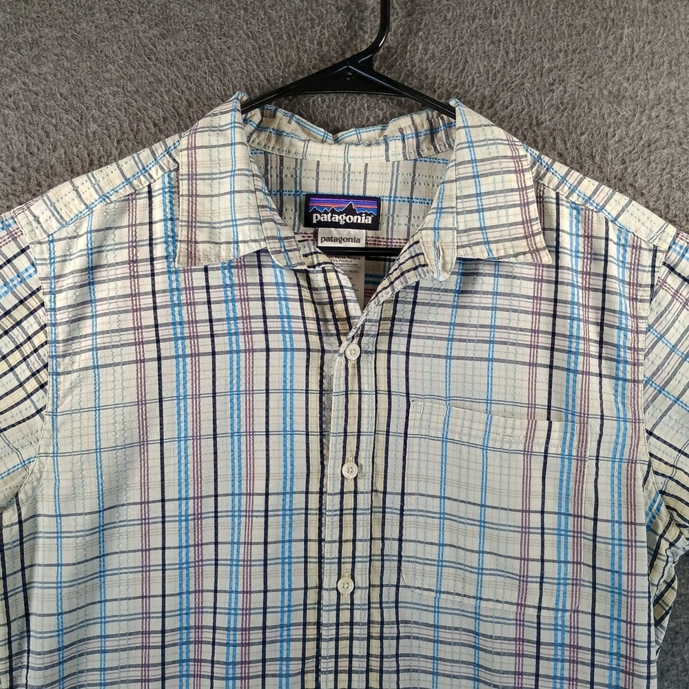 Patagonia Puckerware Shirt Men S Blue Black Purple Plaid Seersucker Button Up SS - Picture 2 of 11